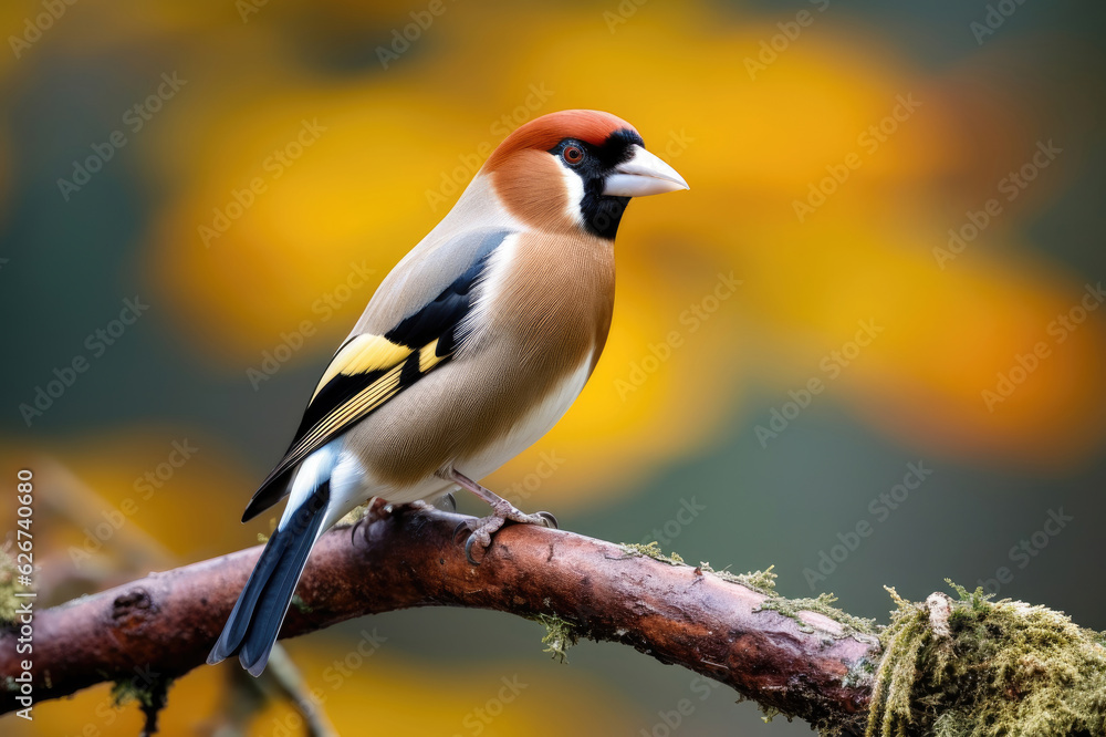 Closeup of a hawfinch on a branch