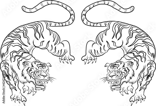 Tiger vector illustration isolate on white background.sticker tattoo design.Japanese and Chinese tiger illustration.Hand drawn.Traditional Japanese culture for printing on background.