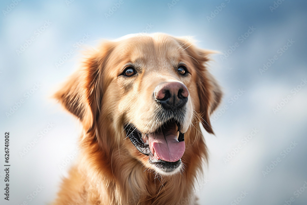portrait of a golden retriever dog with blue background