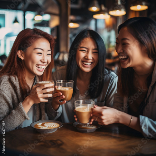 woman with 4 - 5 friends, smiling, sitting and drinking coffee