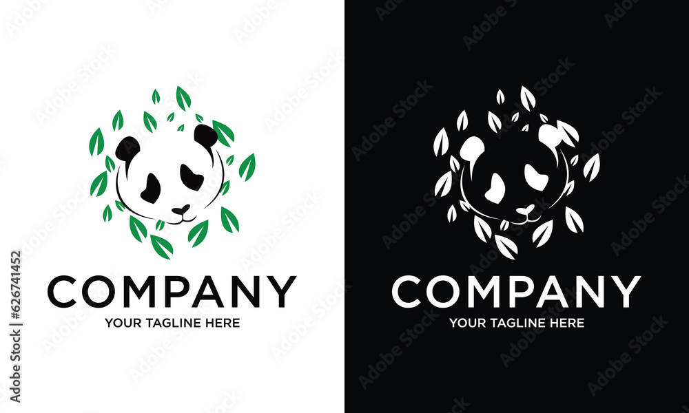 Green leaves panda logo with leaf symbol modern logo design