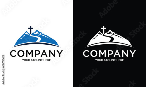 Baptist cross in mountain logo design. Cross on top of the mountain. Church and Christian organization logo.