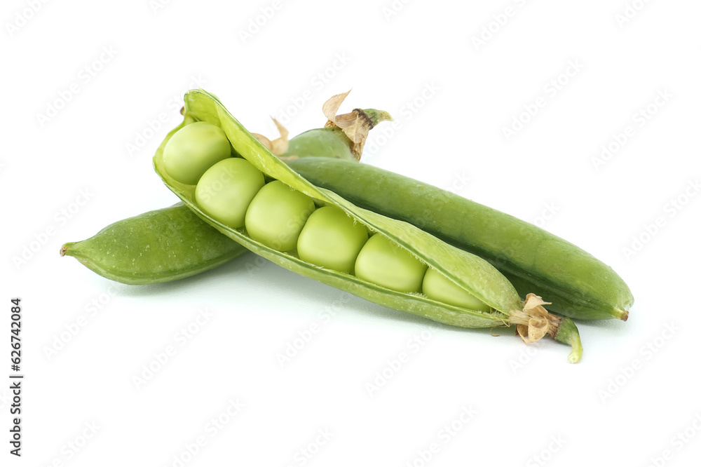 Pea pod is open and green peas inside over white background Pea pod is open and green peas inside over white background
