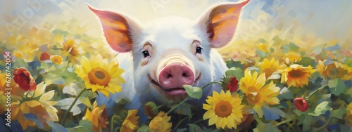 white cute pig, covetred with flowers, flat lay pose, with sunlight, smile, joy, fresh and bright picture, high detail, high resolution, artsation trend