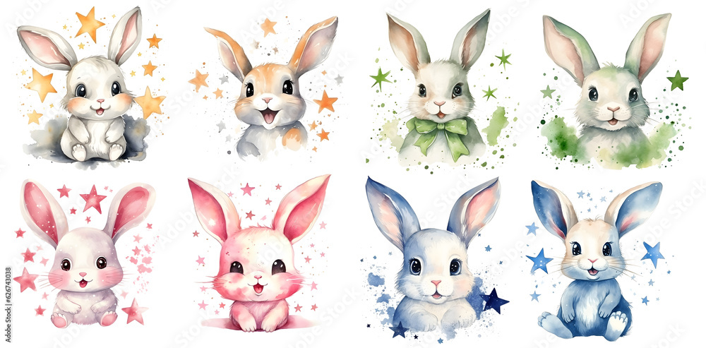 set of cute rabbits with stars, isolated on Background, PNG, generated ai