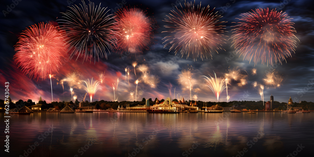 Firework display over water at sunset