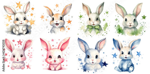 set of cute rabbits with stars  isolated on Background  PNG  generated ai