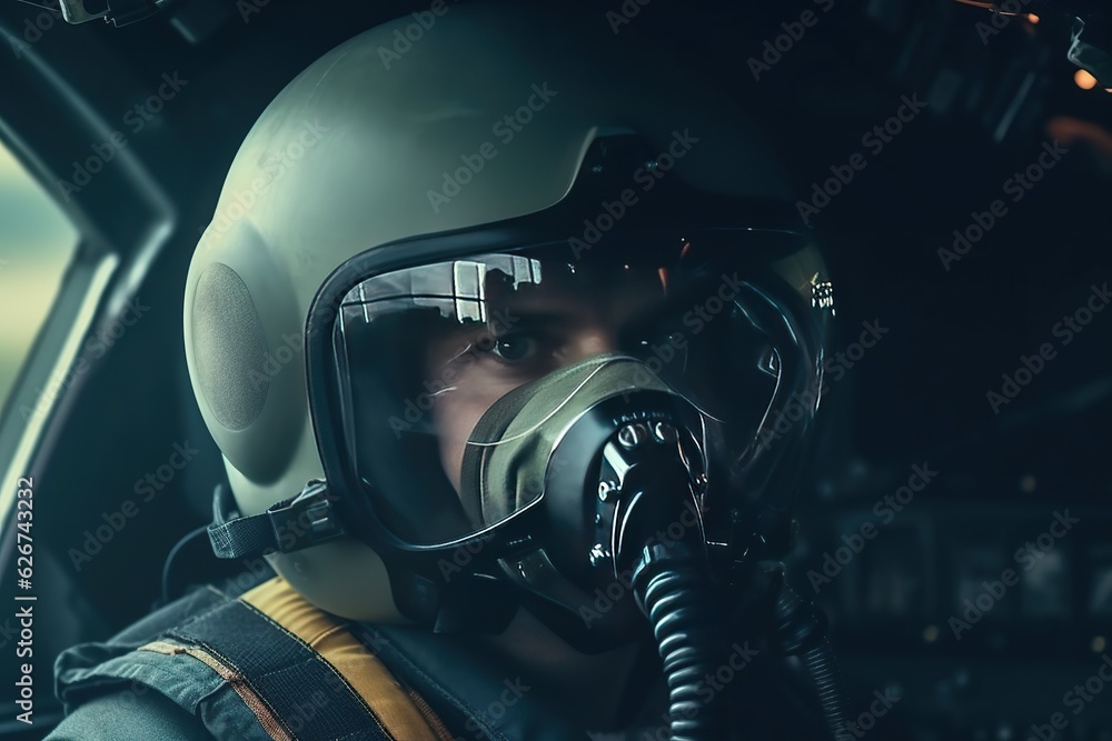 Fighter Pilot in flight wearing flying helmet, dark visor and oxygen