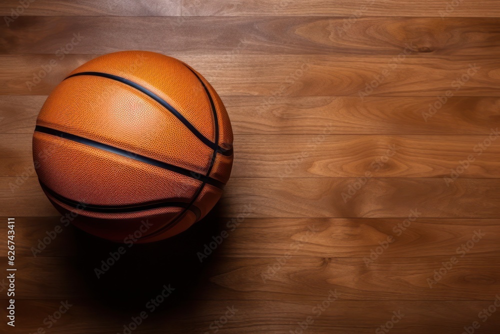 a basketball ball is sitting on a wooden floor, created by Generative AI a basketball ball is sitting on a wooden floor, created by Generative AI