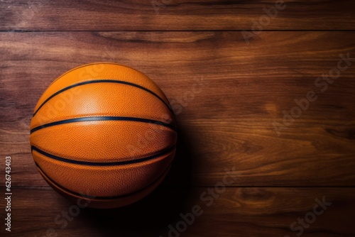 a basketball ball is sitting on a wooden floor, created by Generative AI © Ismail