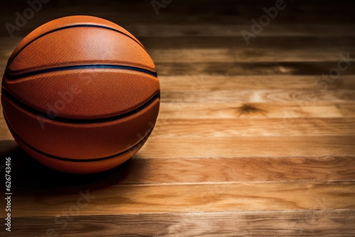 a basketball ball is sitting on a wooden floor, created by Generative AI © Ismail