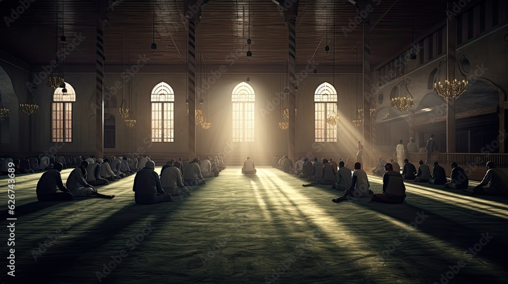 Many muslims praying inside the mosque. Muslim. Generative Ai