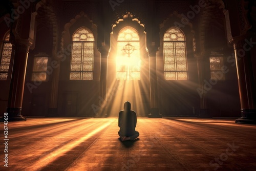 A religious muslim man praying inside the mosque. Muslim. Generative Ai