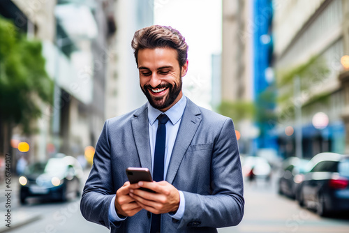 Happy smiling businessman holding smartphone standing in office , Portrait of man wearing suit holding cellphone at city , Created with Generative Ai Technology
