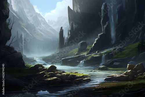 river in the mountain canyon environment concept art illustration