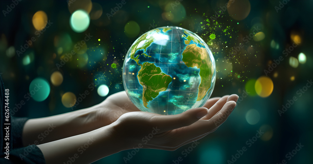 hands holding a transparent globe with bokeh lights hands holding a transparent globe with bokeh lights
