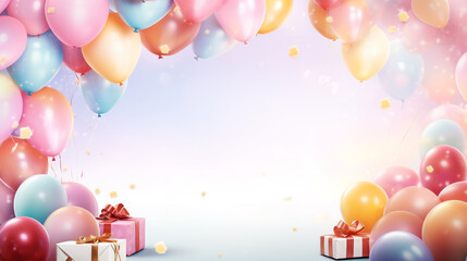 Artistry in celebration Charming watercolor birthday border design with balloons, presents, confetti, and cakes