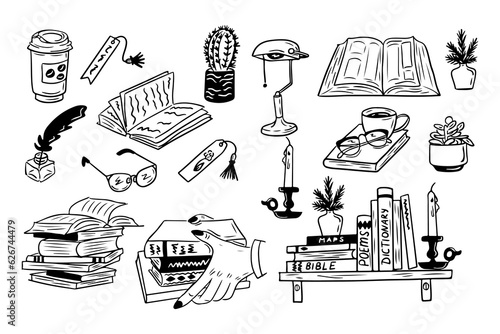Set of hand drawn doodle books and library items. Vector isolated outline elements on white background. Books, glasses, hands with books. Sketch design. Perfect for coloring pages, stickers, tatoo