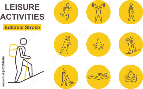 Leisure Activities With People Thin Line Art Icon Set. Editable Stroke. Icon Includes Such As: Workout, Meditating, Hiking, Reading.