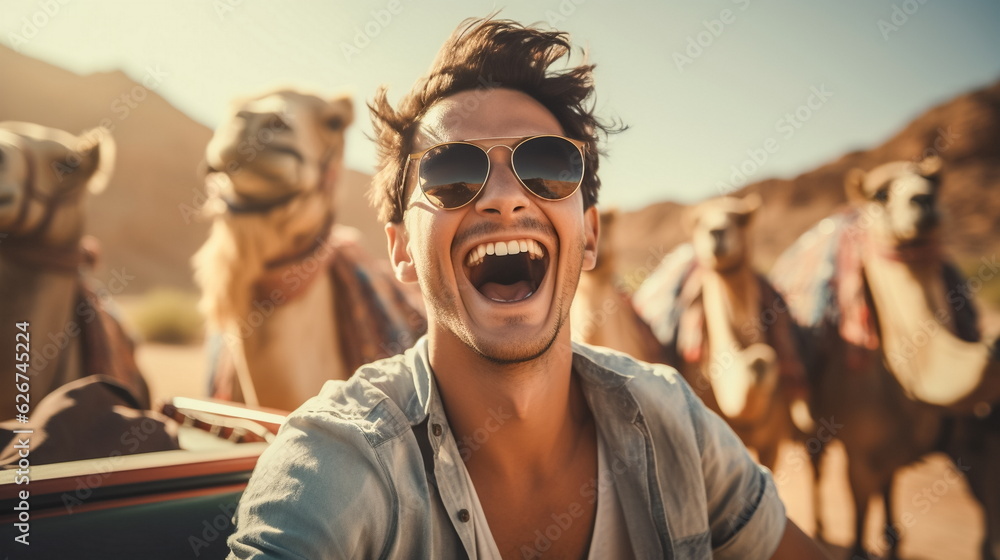 Illustration of Happy tourist having fun enjoying group camel ride tour in the desert. AI generated Illustration