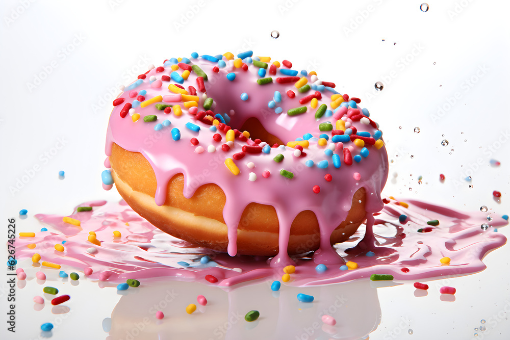 donut with dripping pink icing puddle and sprinkles on white background donut with dripping pink icing puddle and sprinkles on white background