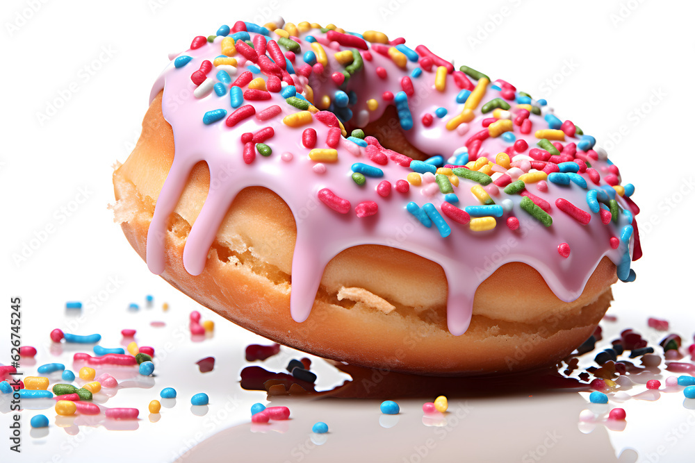 donut with dripping pink icing and sprinkles on white background donut with dripping pink icing and sprinkles on white background