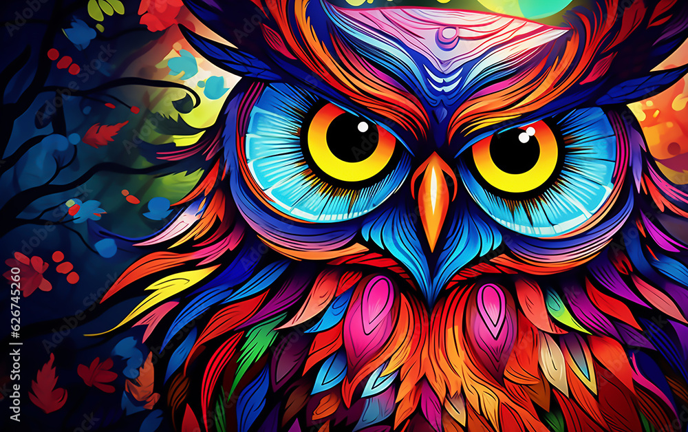 Abstract colorful illustration of an owl. Generative AI technology.