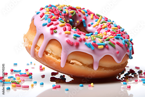 donut with dripping pink icing and sprinkles on white background