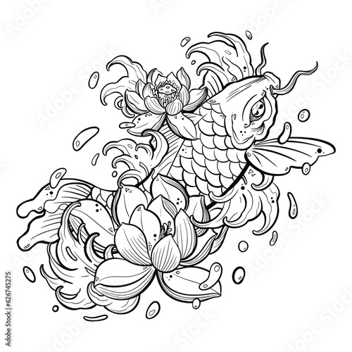 Black tattoo koi fish on white background