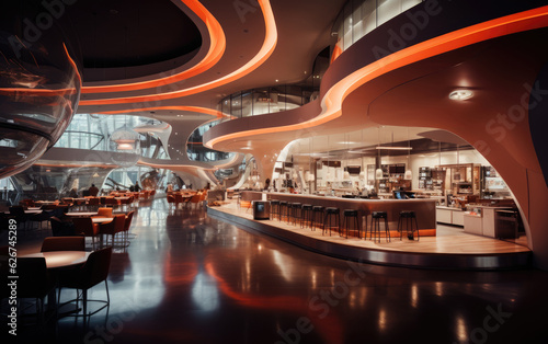 The futuristic modern interior of the restaurant. 