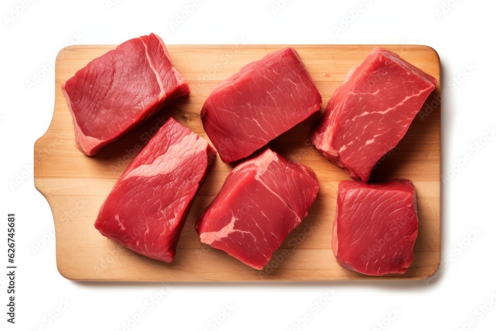 sliced raw sirloin steak on a wooden cutting board on a white background, created by Generative AI sliced raw sirloin steak on a wooden cutting board on a white background, created by Generative AI