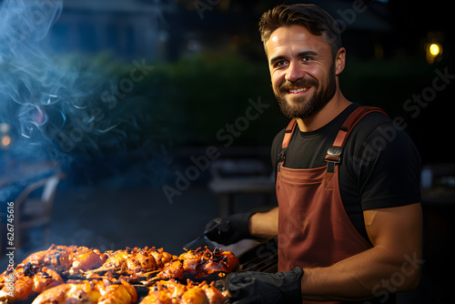 A man with beard grilling chicken in a barbecue in backyard of his home, wearing apron.