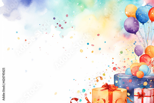 Artistry in celebration Charming watercolor birthday border design with balloons, presents, confetti, and cakes