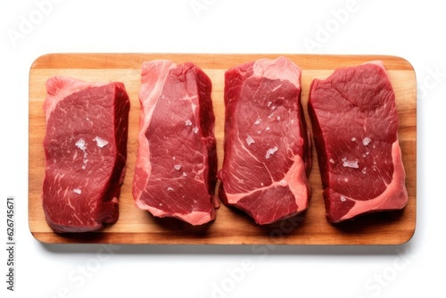 sliced raw sirloin steak on a wooden cutting board on a white background, created by Generative AI