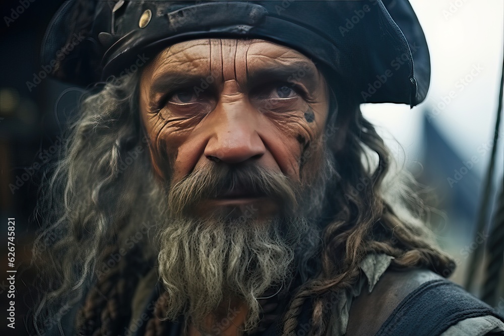 Face of captain of a pirate ship. He is standing in dark clothes and looking at the camera. Face of captain of a pirate ship. He is standing in dark clothes and looking at the camera.