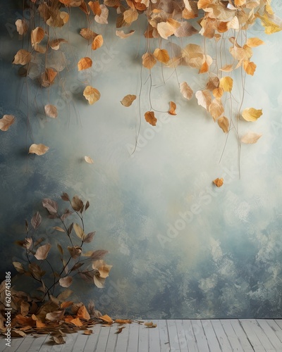 Vintage canvas backdrop, floating leaves, Autumnal Forest Serenity photo