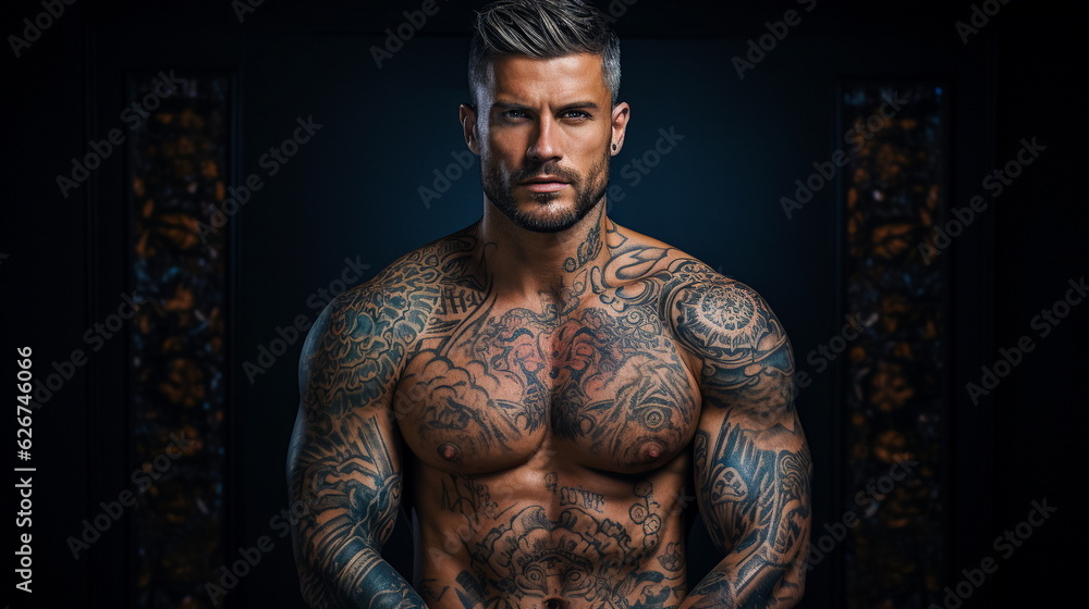 Handsome man with tattooed torso and muscular body posing in studio - obrazy, fototapety, plakaty 
