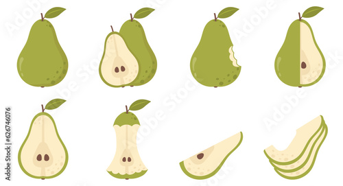 Green pear cartoon set. Cross section of cut pear and whole fruit. Vector illustration. Green pear isolated on white background. Cut green pear.