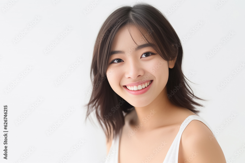 An adorable Asian girl, donning a bright smile, is elegantly photographed in her underwear against a pristine white backdrop. generative AI. An adorable Asian girl, donning a bright smile, is elegantly photographed in her underwear against a pristine white backdrop. generative AI.
