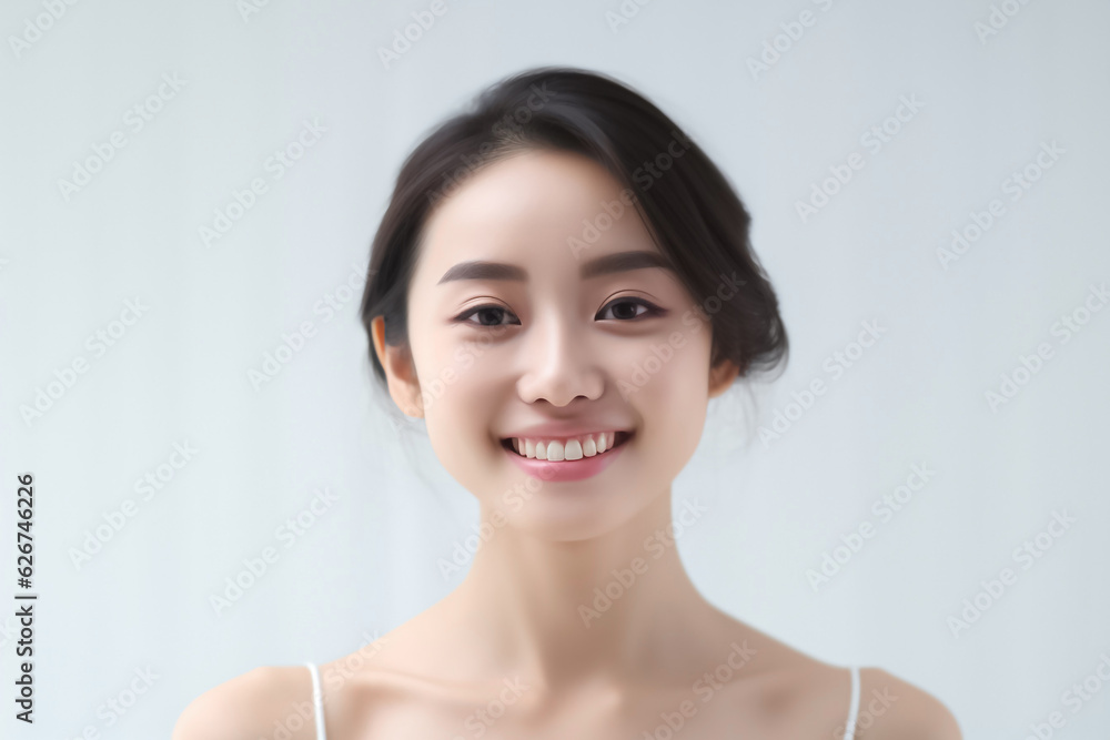 An adorable Asian girl, donning a bright smile, is elegantly photographed in her underwear against a pristine white backdrop. generative AI. An adorable Asian girl, donning a bright smile, is elegantly photographed in her underwear against a pristine white backdrop. generative AI.