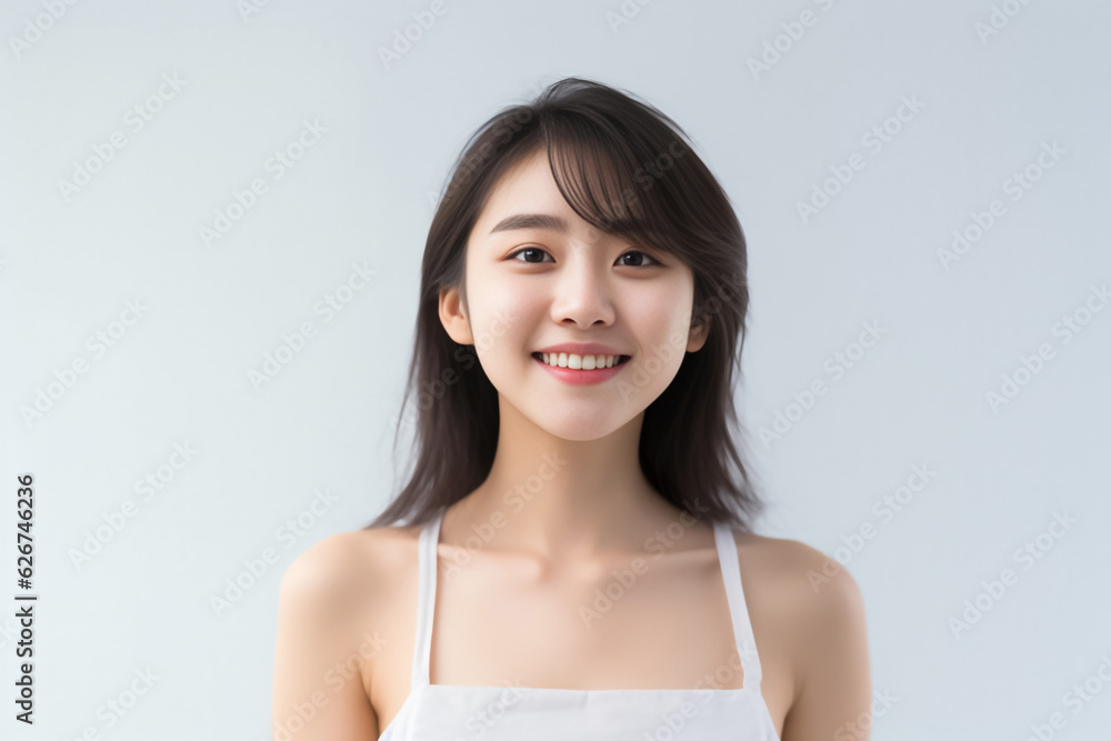 An adorable Asian girl, donning a bright smile, is elegantly photographed in her underwear against a pristine white backdrop. generative AI. An adorable Asian girl, donning a bright smile, is elegantly photographed in her underwear against a pristine white backdrop. generative AI.