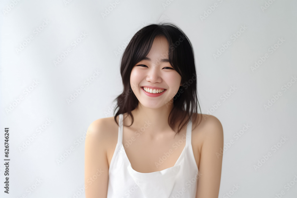An adorable Asian girl, donning a bright smile, is elegantly photographed in her underwear against a pristine white backdrop. generative AI. An adorable Asian girl, donning a bright smile, is elegantly photographed in her underwear against a pristine white backdrop. generative AI.