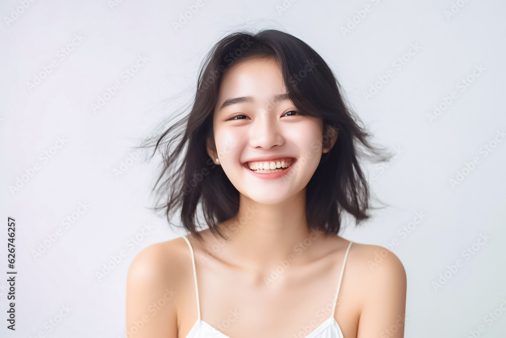 An adorable Asian girl, donning a bright smile, is elegantly photographed in her underwear against a pristine white backdrop. generative AI. An adorable Asian girl, donning a bright smile, is elegantly photographed in her underwear against a pristine white backdrop. generative AI.