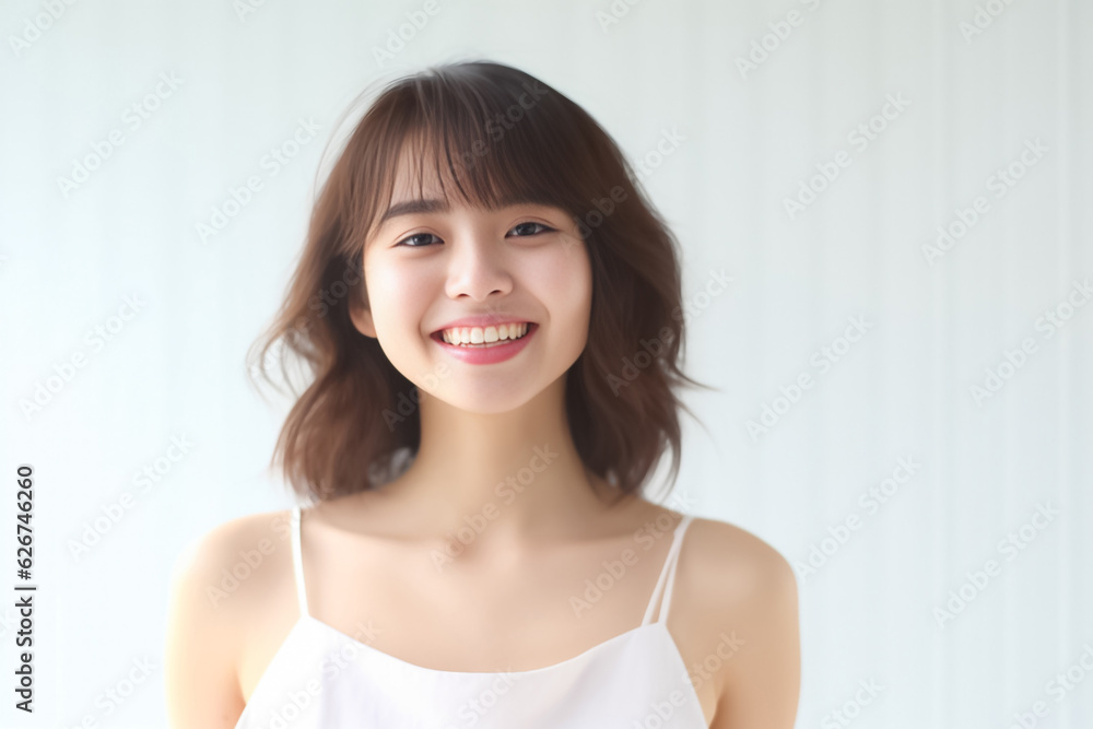 An adorable Asian girl, donning a bright smile, is elegantly photographed in her underwear against a pristine white backdrop. generative AI. An adorable Asian girl, donning a bright smile, is elegantly photographed in her underwear against a pristine white backdrop. generative AI.