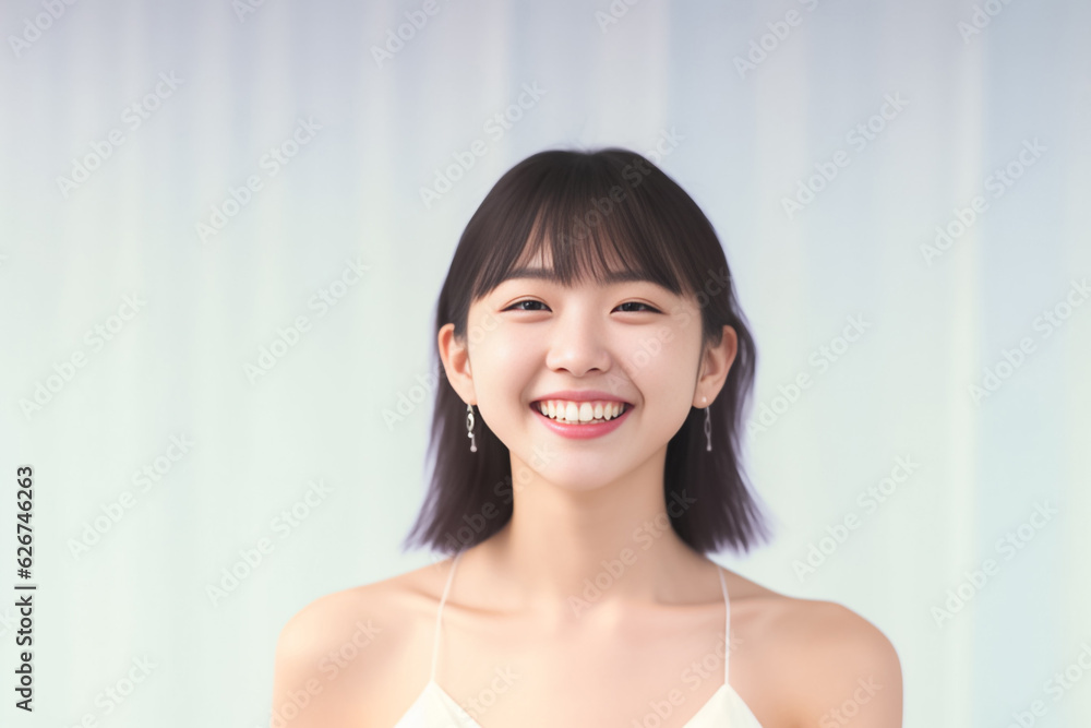 An adorable Asian girl, donning a bright smile, is elegantly photographed in her underwear against a pristine white backdrop. generative AI. An adorable Asian girl, donning a bright smile, is elegantly photographed in her underwear against a pristine white backdrop. generative AI.