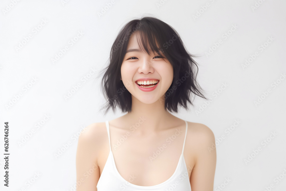 An adorable Asian girl, donning a bright smile, is elegantly photographed in her underwear against a pristine white backdrop. generative AI. An adorable Asian girl, donning a bright smile, is elegantly photographed in her underwear against a pristine white backdrop. generative AI.