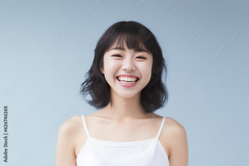 An adorable Asian girl, donning a bright smile, is elegantly photographed in her underwear against a pristine white backdrop. generative AI. An adorable Asian girl, donning a bright smile, is elegantly photographed in her underwear against a pristine white backdrop. generative AI.