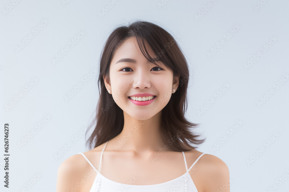 An adorable Asian girl, donning a bright smile, is elegantly photographed in her underwear against a pristine white backdrop. generative AI. An adorable Asian girl, donning a bright smile, is elegantly photographed in her underwear against a pristine white backdrop. generative AI.