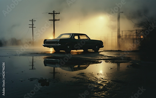 The abandoned city and car with the foggy background.