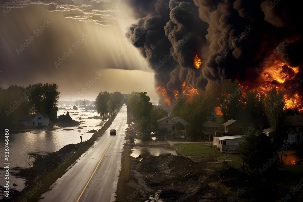 environmental disaster flooded burning landscape